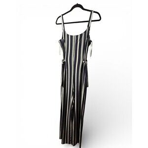 Derek Heart Navy Blue Striped Sleevless Wide Leg Jersey Knit Jumpsuit Sz L NEW